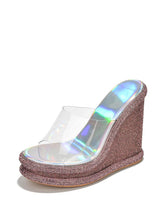 Sparkly Rhinestone Round Platform Wedge Heel Backless Slip-On Sandals With Clear Single Band